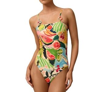 Monte & Lou Tropique Salade Hoop Bandeau One Piece Swimsuit Fruit Print 6